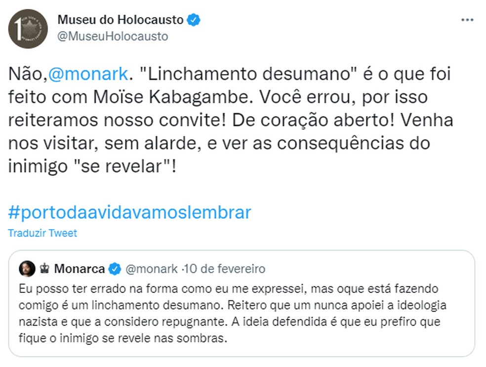 Museu do Holocausto diz que "linchamento desumano" sofreu Moise Kabagambe em resposta a Monark — Foto: Reprodução Twitter