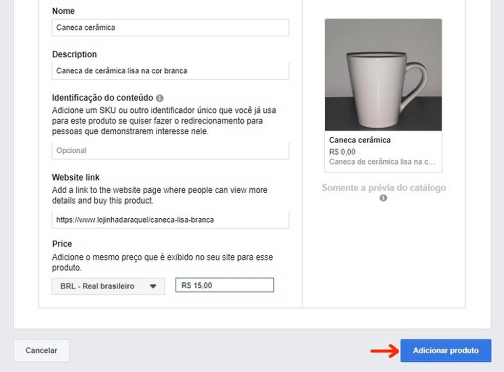 Inclusão manual de produto a novo catálogo do Facebook — Foto: Reprodução/Raquel Freire