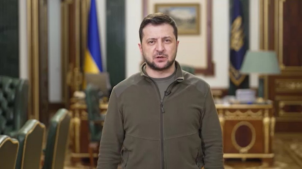 Presidente ucraniano Volodymyr Zelensky em pronunciamento em 12 de março de 2022 — Foto: Reprodução/Telegram/Zelensky