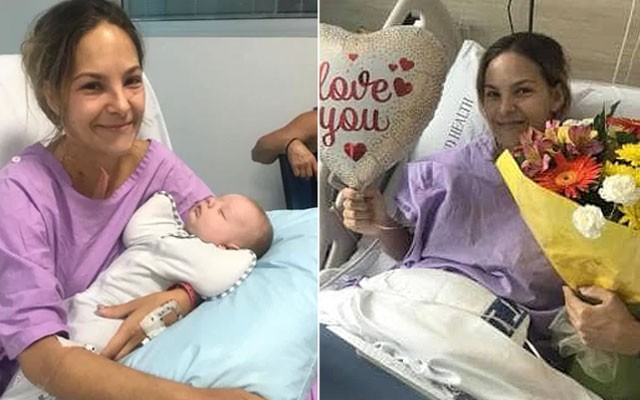 Em recuperação, Shannon segura seu bebê de 2 meses e recebe flores no hospital (Foto: Reprodução)