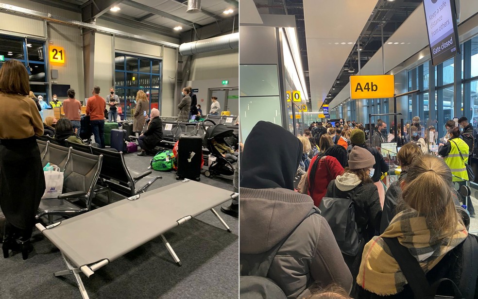 Passageiros aguardam a remarcação de voos na Alemanha (à esquerda) e no Aeroporto de Heathrow, em Londres (à direita) — Foto: Reuters