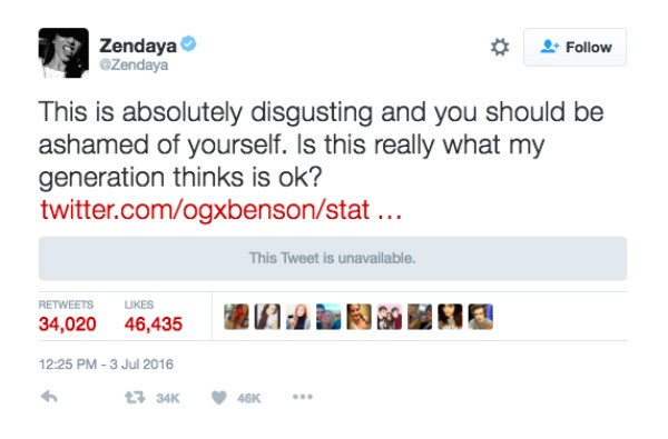 A atriz e cantora Zendaya respondeu a publicação nas redes sociais (Foto: Twitter)