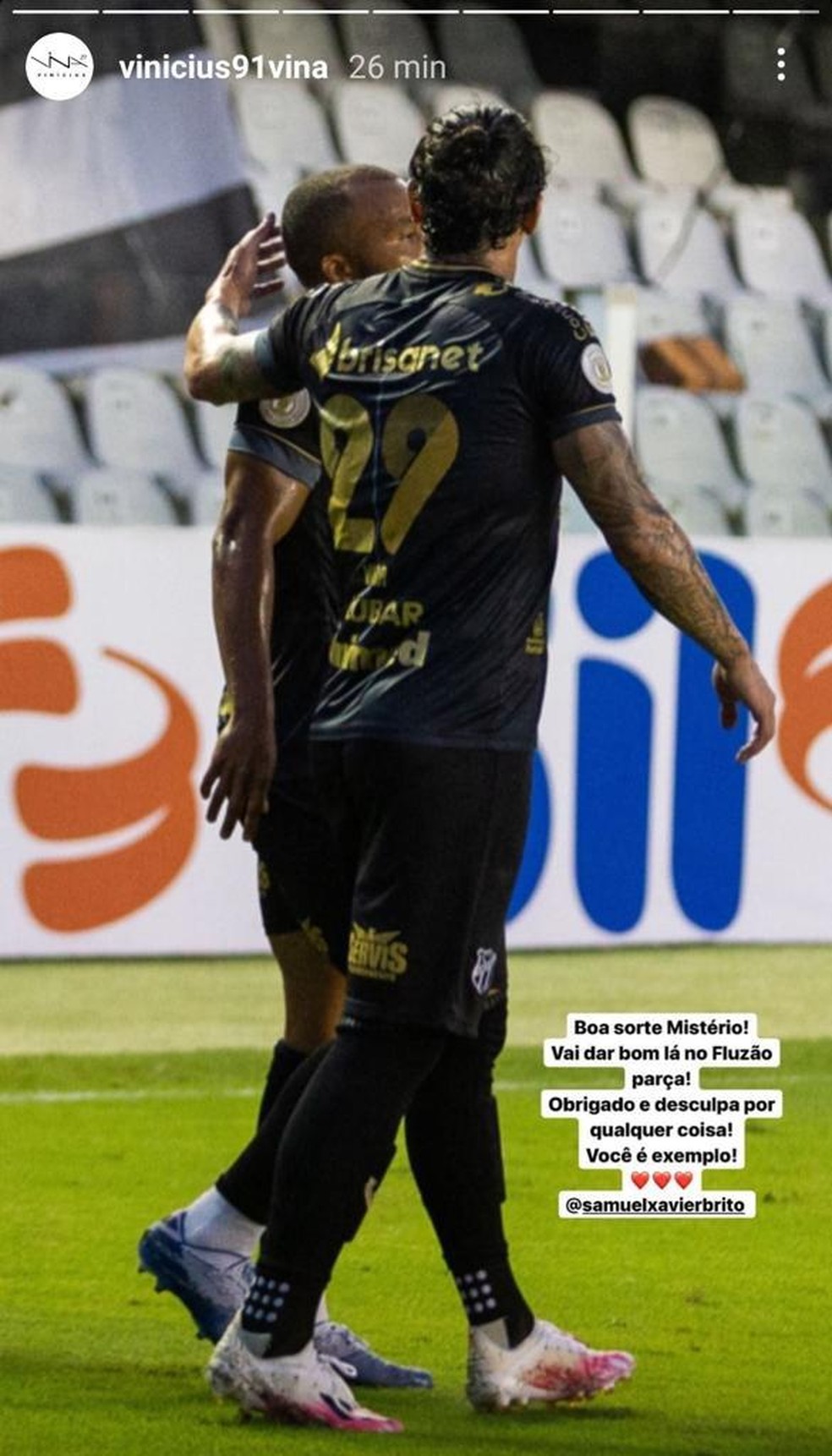 Vina deseja boa sorte a Samuel Xavier no Fluminense — Foto: Reprodução / Instagram
