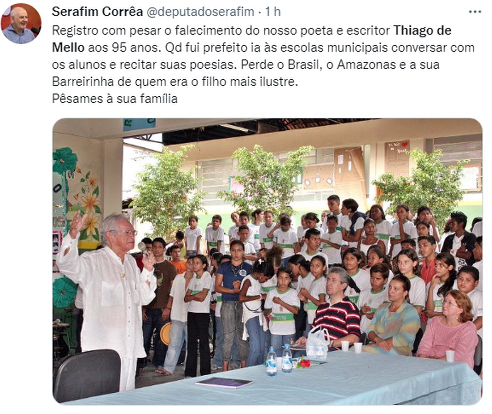 Serafim também lamentou a morte do poeta.  — Foto: Reprodução/Twitter