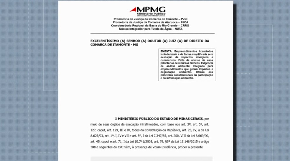 MP quer que as empresas suspendam imediatamente as obras das duas centrais geradoras hidrelétricas — Foto: Reprodução/EPTV