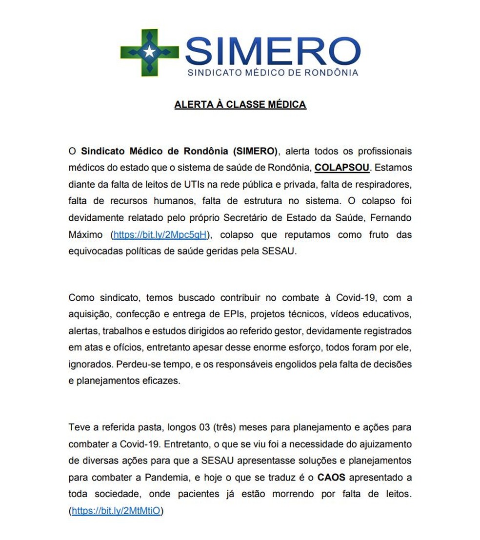 Simero critica em nota gestão da crise do coronavírus no estado — Foto: Simero/Reprodução