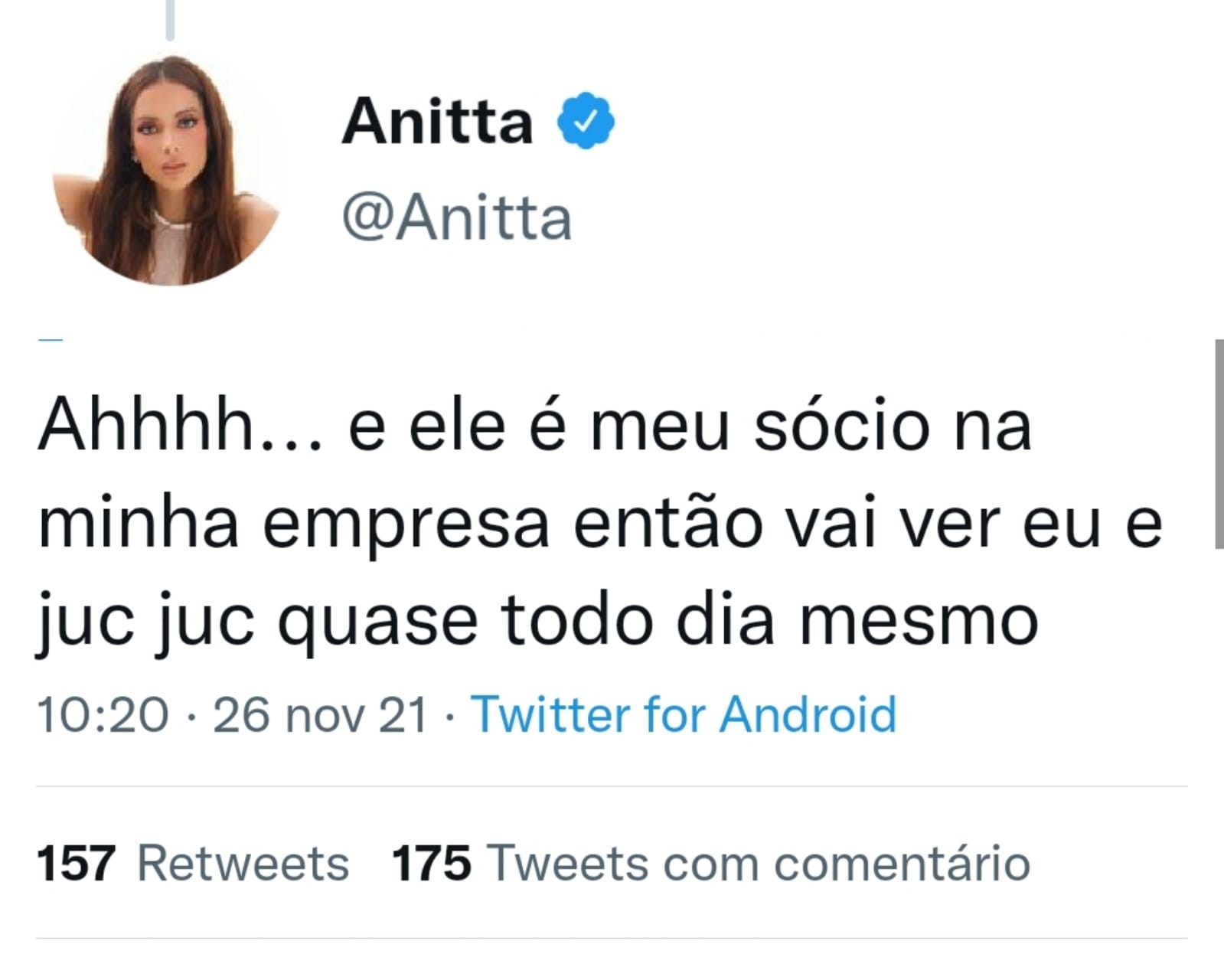 Anitta nega que sócio tenha traído mulher com Juliette: (Foto: Instagram)
