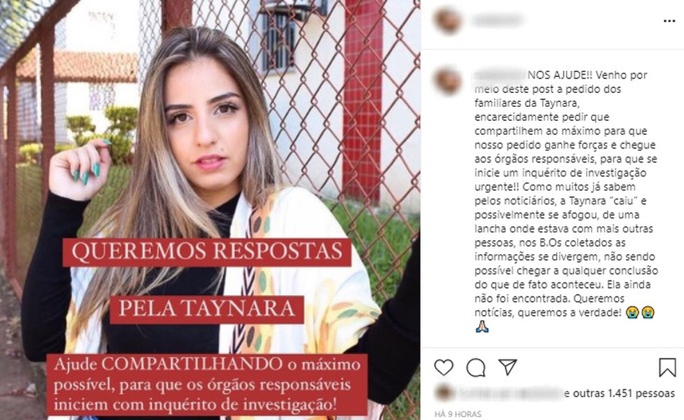 Post em rede social de amiga de Taynara Gonçalves pedindo respostas em relação ao desaparecimento dela em Uberlândia — Foto: Reprodução/ Instagram