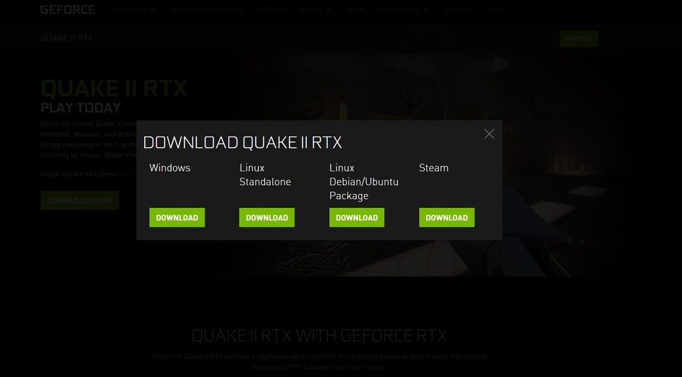 Ã‰ possÃ­vel escolher entre as versÃµes de Windows ou Linux para jogar Quake II RTX. â€” Foto: ReproduÃ§Ã£o/Bruno MagalhÃ£es