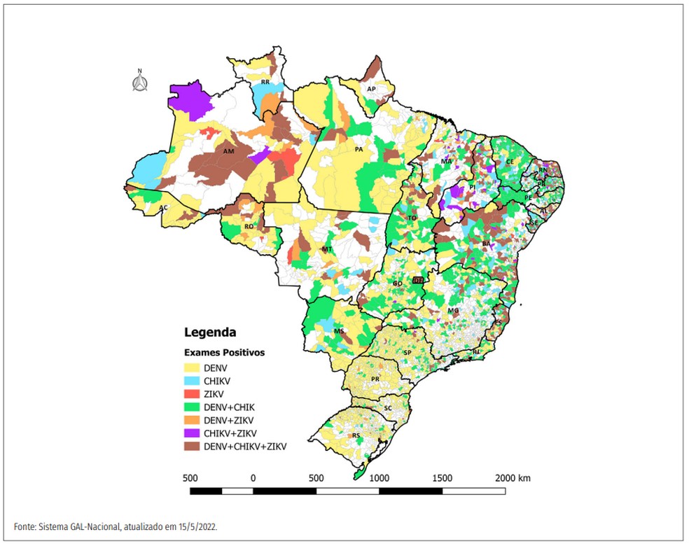 Distribuição dos exames positivos para DENV, CHIKV e ZIKV, por município de residência no Brasil, até a Semana Epidemiológica 19. — Foto: Ministério da Saúde
