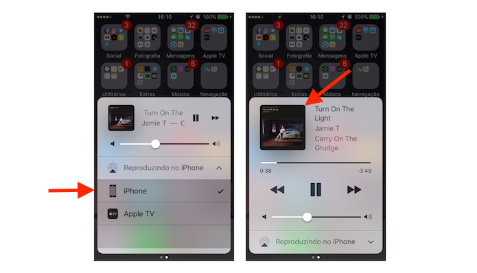 Opções da reprodução de áudio na central de controle do iOS 10 (Foto: Reprodução/Marvin Costa)