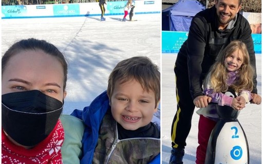 Mari Bridi mostra primeira vez de Rafael Cardoso e da filha em pista de patinação no gelo