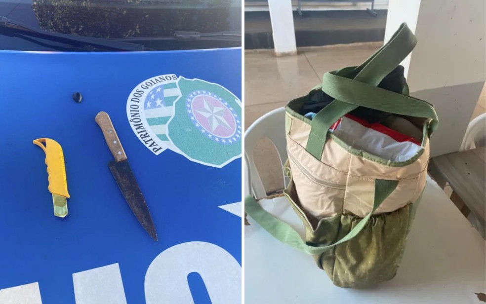 Foto mostra estilete e faca encontrados na casa da suspeita de tentar matar grávida, em Goianira — Foto: Reprodução/Polícia Militar