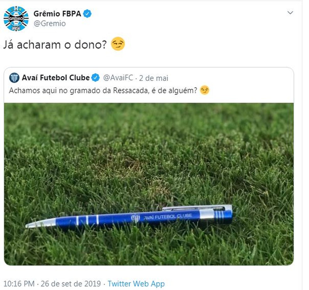 Grêmio responde a corneta do Avaí no Twitter — Foto: Reprodução / Twitter