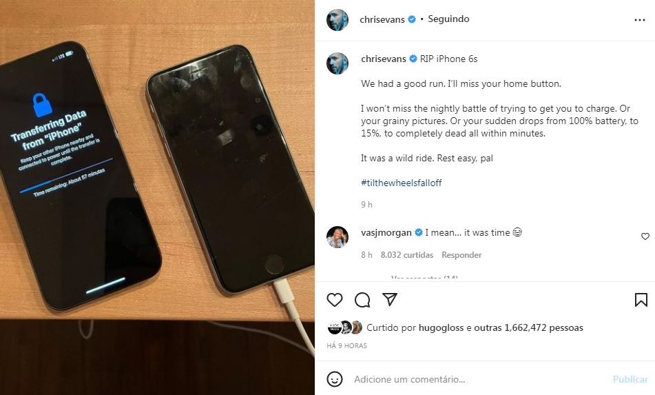Chris Evans se despede de celular obsoleto (Foto: Reprodução / Instagram)