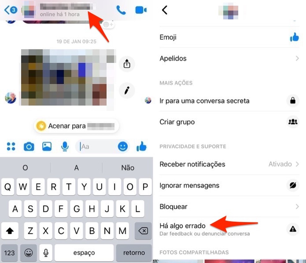 Ação para iniciar uma denúncia de assédio no Facebook Messenger — Foto: Reprodução/Marvin Costa