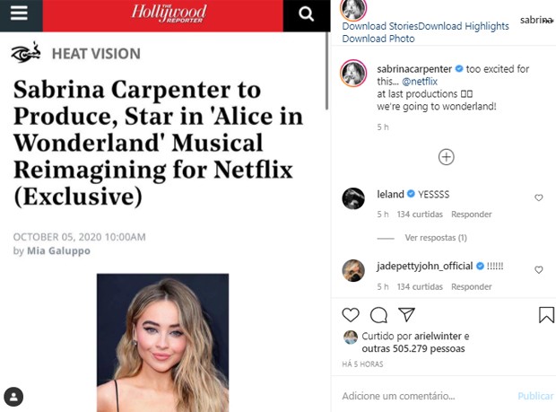 Sabrina Carpenter viverá Alice em filme (Foto: Reprodução/Instagram)