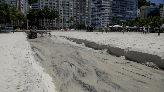 Chuvas formam 'língua negra' na Praia do Leme, na Zona Sul do Rio