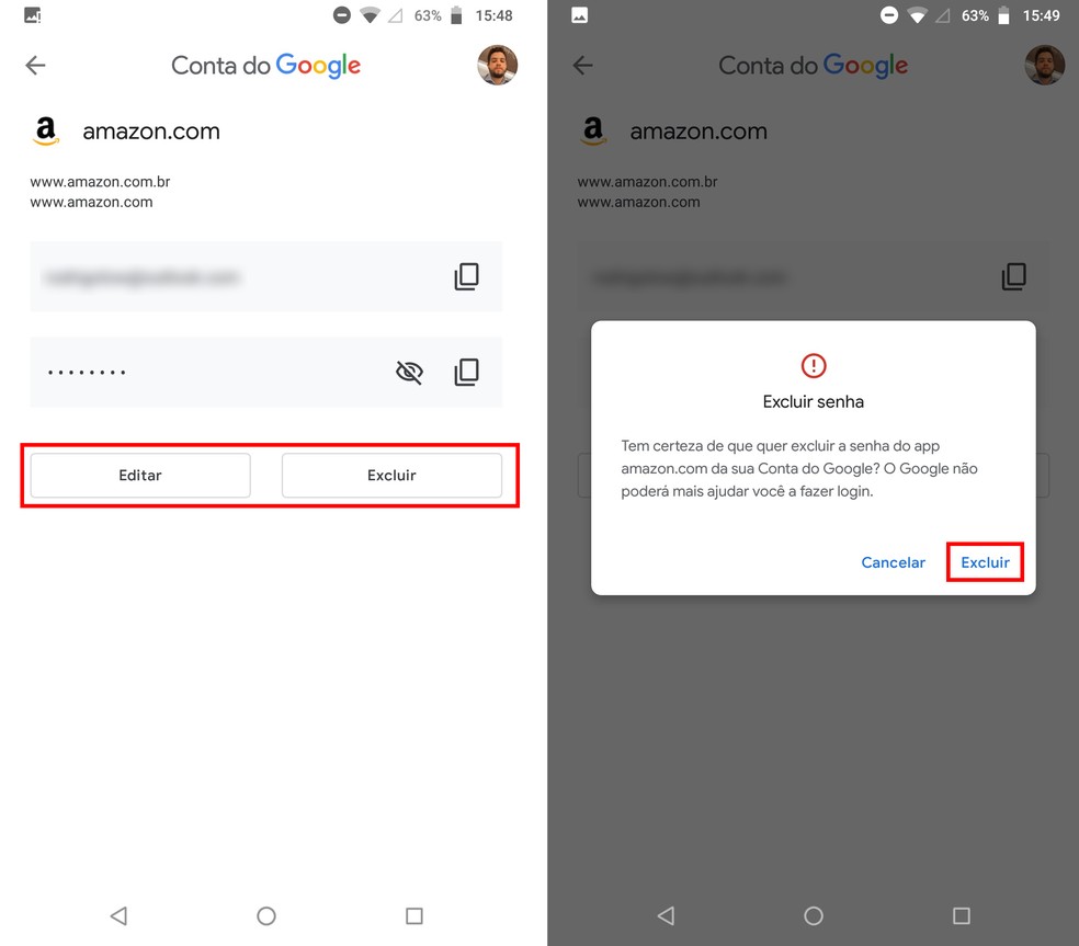 Android permite editar ou excluir senhas pelo Gerenciador de Senhas — Foto: Reprodução/Rodrigo Fernandes