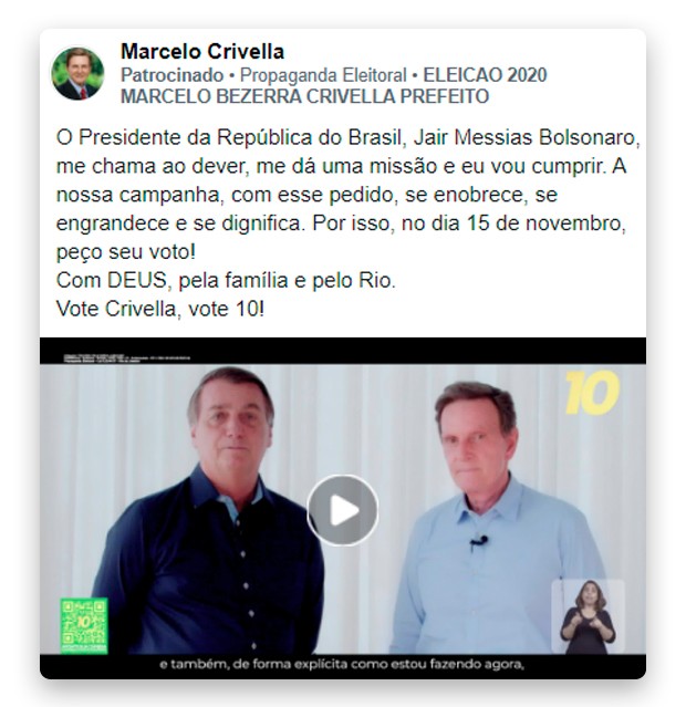 Crivella tem usado o impulsionamento para colar sua imagem à de Bolsonaro