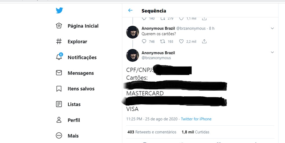 Grupo de hackers vazou em rede social supostos dados de Michelle Bolsonaro — Foto: Reprodução