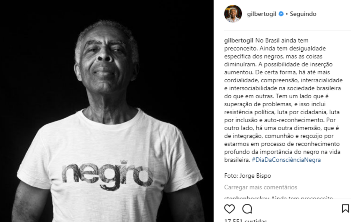 Com post em rede social, Gil celebra Dia da Consciência Negra:  'Reconhecimento do negro na vida brasileira' | Bahia | G1