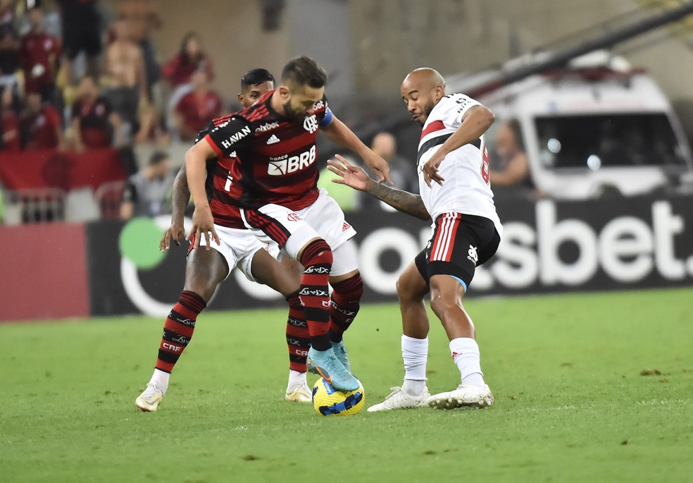 Everton Ribeiro e Patrick em Flamengo x São Paulo — Foto: André Durão / ge