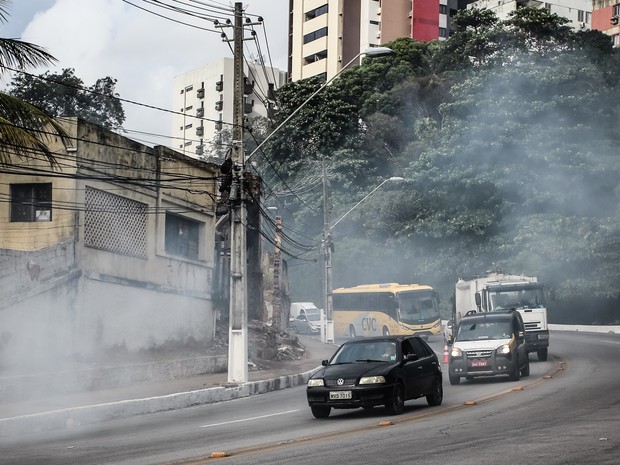 Há muita fumaça no local, o que complicou o trânsito (Foto: Jonathan Lins/G1)