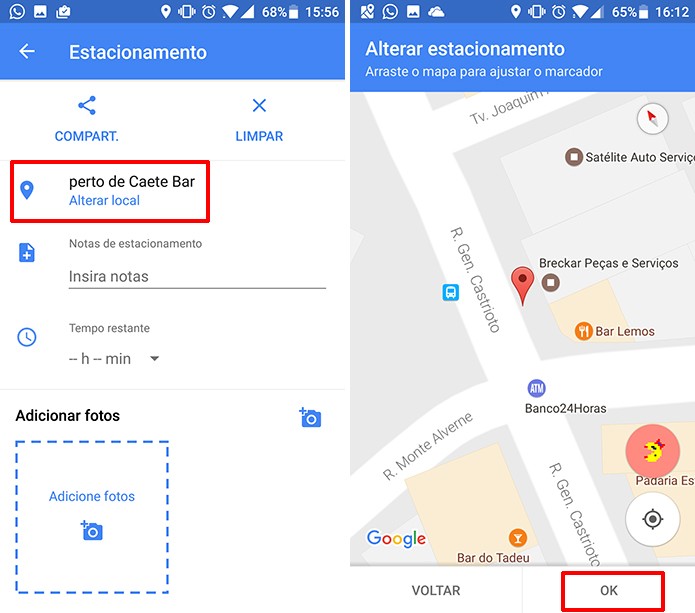 Usuário pode corrigir o local de estacionamento no Google Maps (Foto: Reprodução/Elson de Souza)