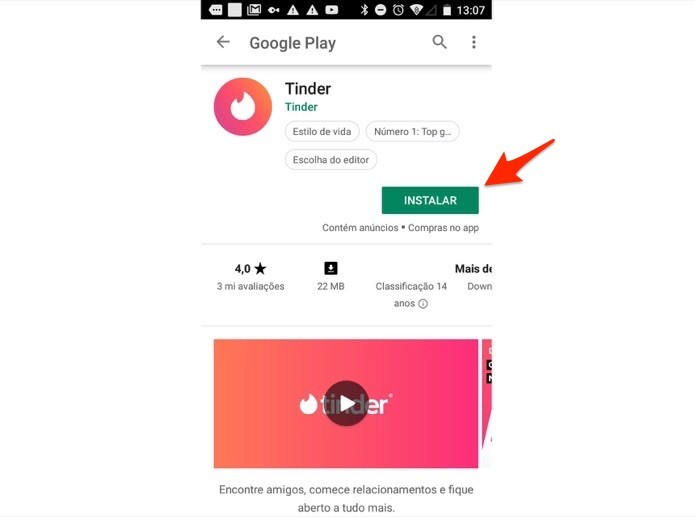 Ação para baixar o Tinder no Android pela loja de aplicativos (Foto: Reprodução/Marvin Costa) Ação para baixar o Tinder no Android pela loja de aplicativos (Foto: Reprodução/Marvin Costa)