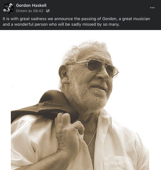 O post anunciando a morte do músico inglês Gordon Haskell (Foto: Facebook)