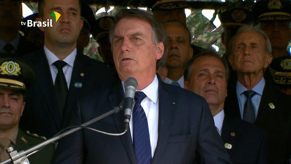 O presidente Jair Bolsonaro discursa no Comando Militar do Sudeste — Foto: Reprodução/NBR