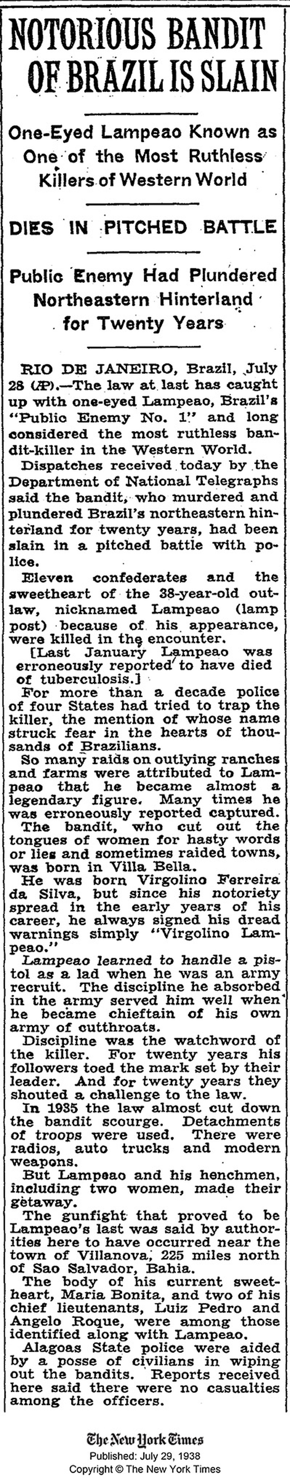 Matéria sobre a morte de Lampião publicada no jornal The New York Times, em 29/7/1938 — Foto: The New York Times