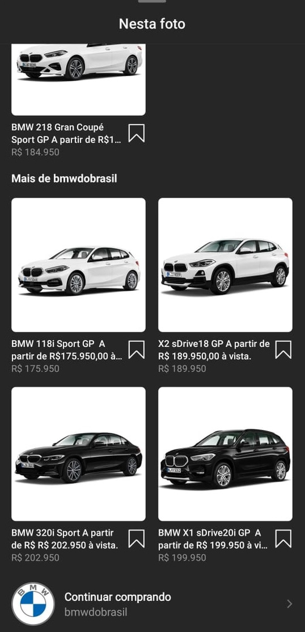 Loja da BMW no Instagram — Foto: Reprodução
