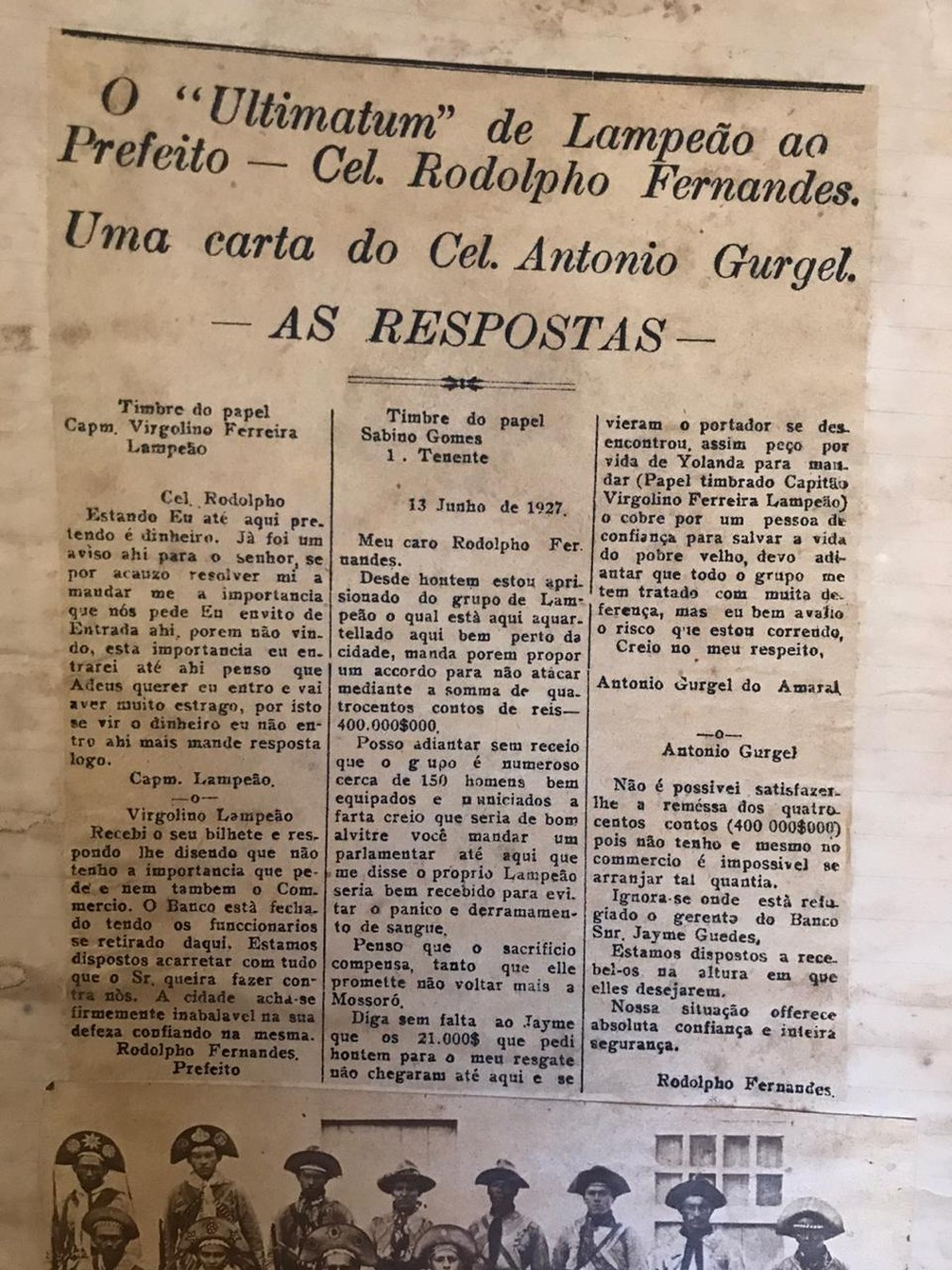 Jornal da época publicou conteúdo de cartas trocadas entre prefeito de Mossoró e Lampião — Foto: Cedida