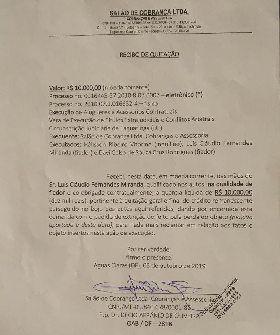 Documento de quitação de dívida do deputado Luis Miranda — Foto: Reprodução