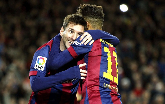 Messi e Neymar, comemoração gol do Barcelona contra o Espanyol (Foto: Agência EFE)
