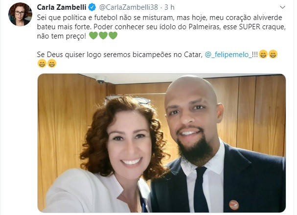 Deputada Carla Zambelli (PSL-SP) publica foto ao lado de Felipe Melo