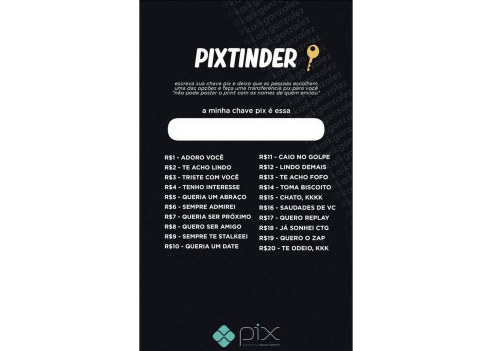 "Pixtinder" é uma brincadeira de paquera online que utiliza transferências do Pix — Foto: Reprodução/O Globo