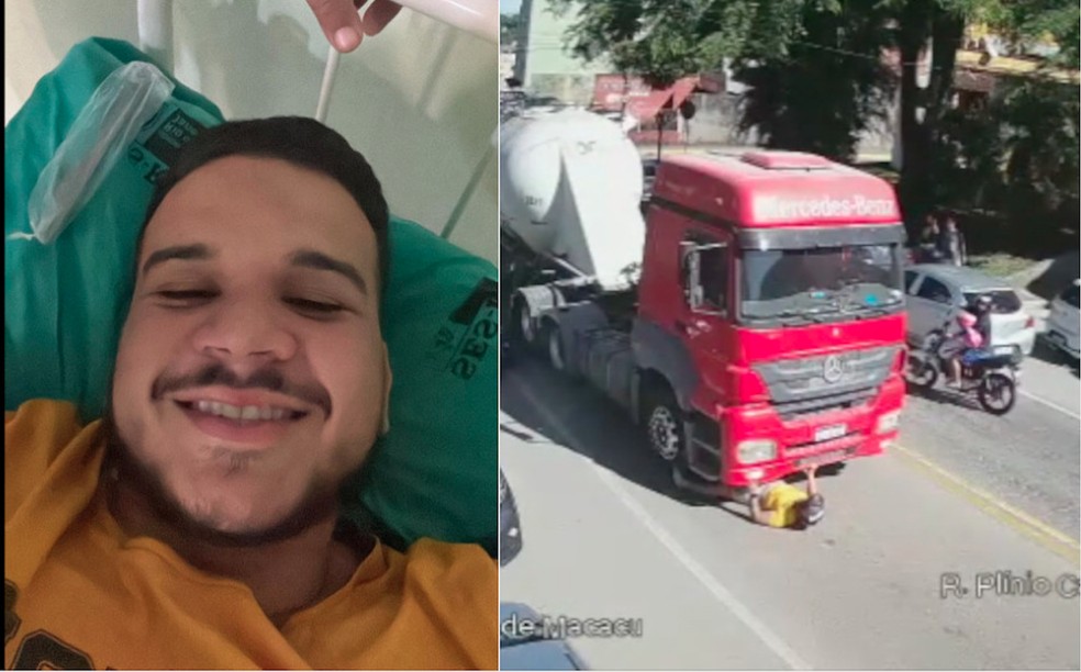 Motociclista está bem após ser jogado embaixo de um caminhão no RJ — Foto: Arquivo Pessoal/Reprodução G1