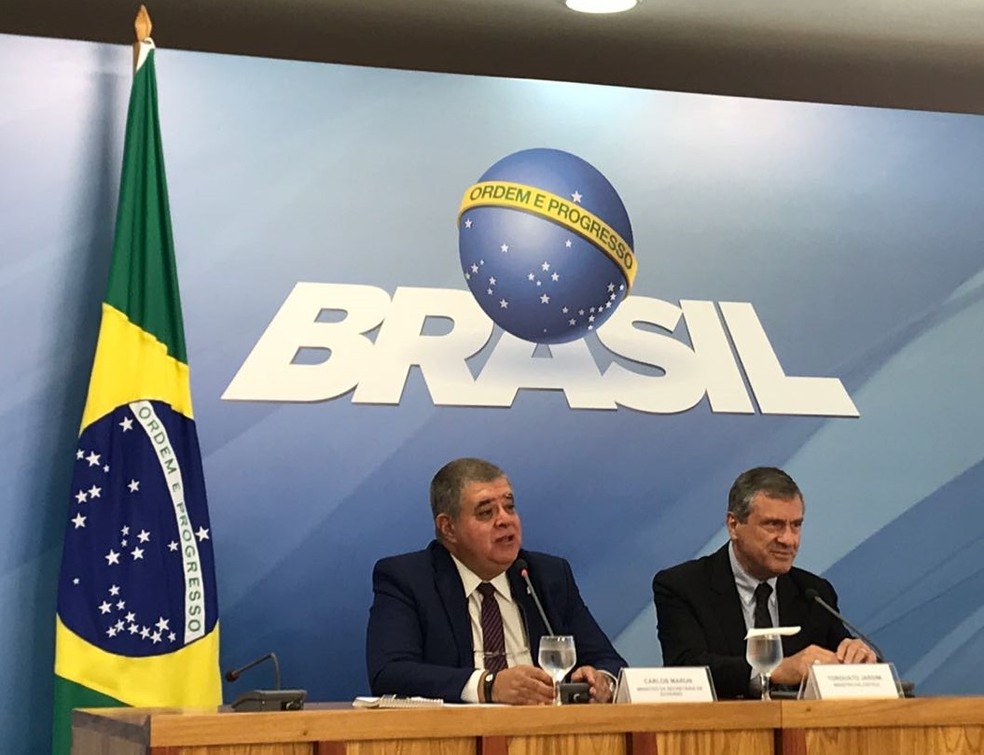Os ministros Carlos Marun e Torquato Jardim em entrevista no Palácio do Planalto  (Foto: Guilherme Mazui/ G1)