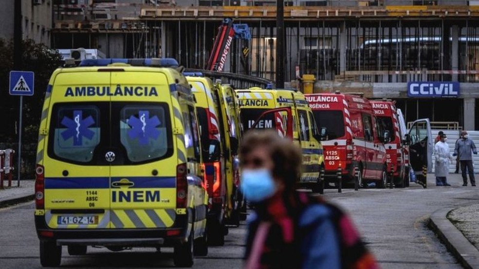 Fila de ambulâncias em um hospital de Lisboa ilustra as dificuldades vividas em Portugal — Foto: AFP