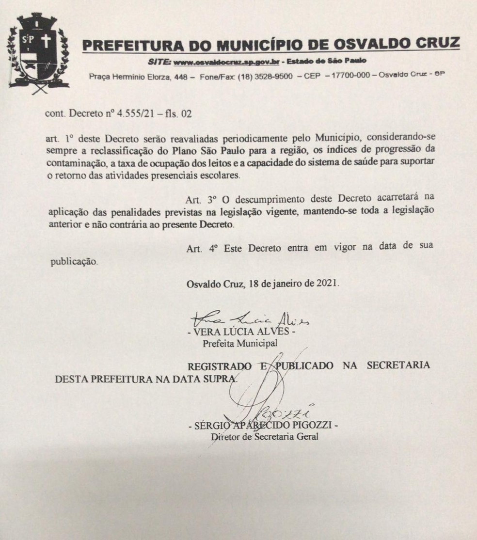 Decreto mantém suspensa a retomada das atividades presenciais em escolas de Osvaldo Cruz — Foto: Reprodução