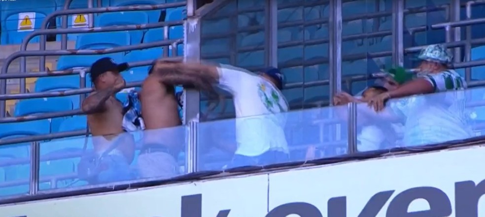 Torcedores de Grêmio e Palmeiras brigam por entre o vidro — Foto: Reprodução / TV Globo