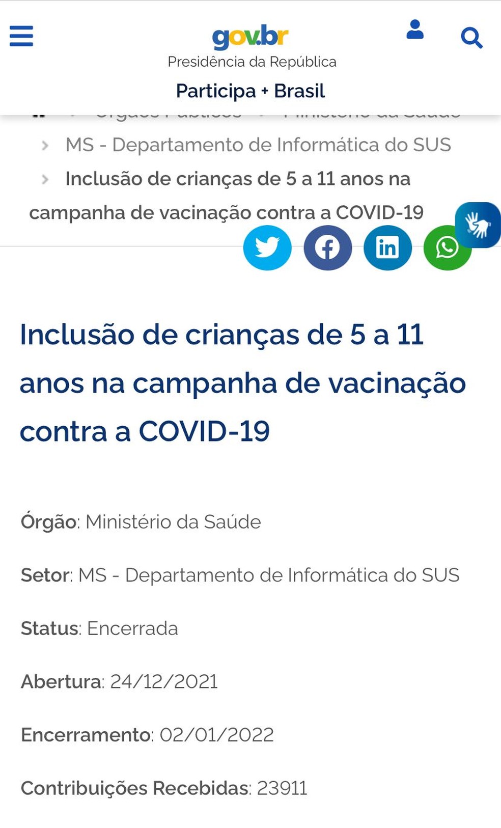 Reprodução da página da consulta pública do Ministério da Saúde sobre a vacinação de crianças de 5 a 11 anos contra a Covid-19. — Foto: Reprodução/Ministério da Saúde