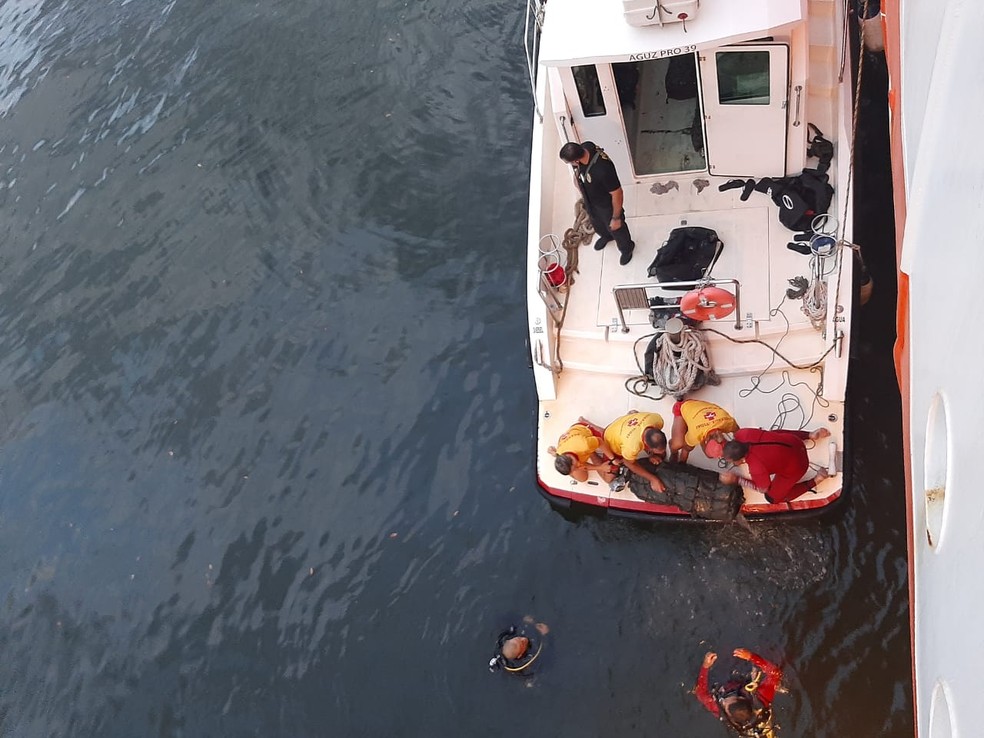 Mergulhadores encontram 130 kg de cocaína dentro de casco de navio no Porto de Santos, SP  — Foto: Receita Federal 
