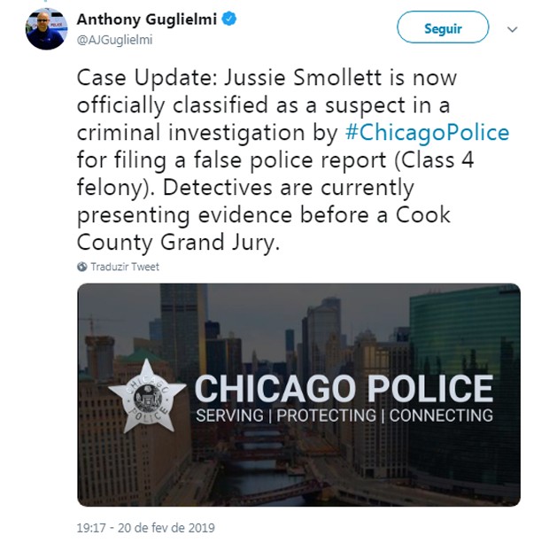 Jussie Smollett é declarado suspeito em caso de ataque (Foto: Reprodução/Twitter)