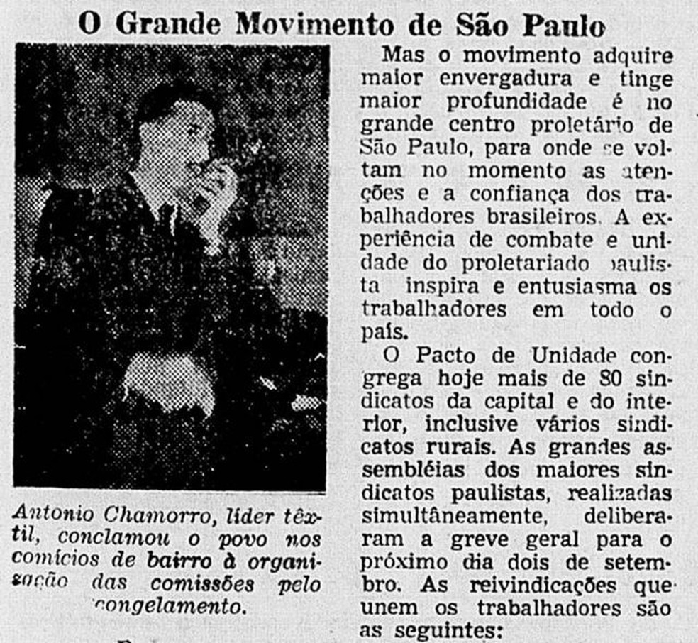 O líder sindical têxtil Antonio Chamorro em recorte do jornal Voz Operária (RJ), de 1954 — Foto: REPRODUÇÃO VOZ OPERÁRIA/ACERVO BIBLIOTECA NACIONAL