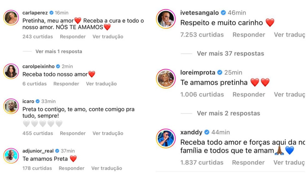 Ivete Sangalo, Carla Perez, Lore Improta e Carol Peixinho apoiam Preta Gil após 'fofocas' sobre casamento — Foto: Arte g1