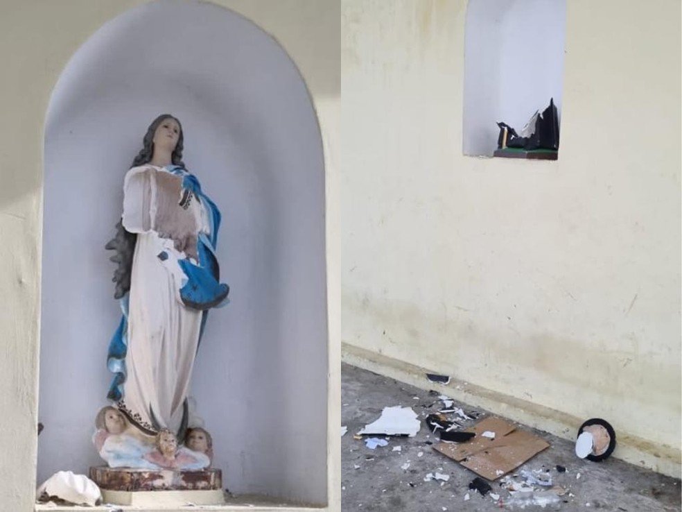 Imagens de Imaculada Conceição e Padre Cícero foram depredadas em Maceió, Alagoas — Foto: Cortesia
